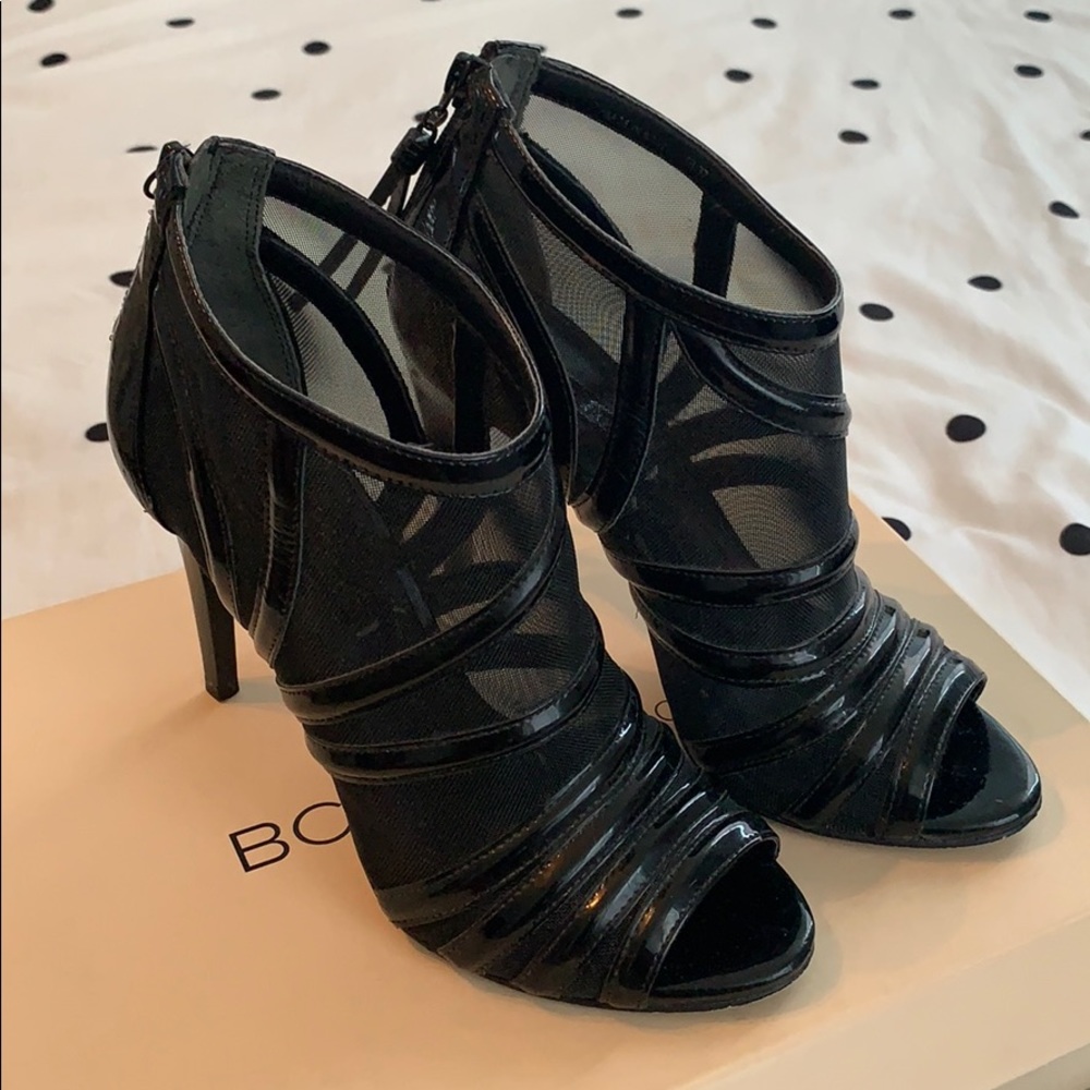 BCBGeneration Black Mesh Strappy Peep-Toe Stiletto Heels